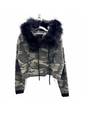 Jocelyn Camouflage Cropped Fox Fur Hood Trim Hoodie Sweatshirt Womens Medium
